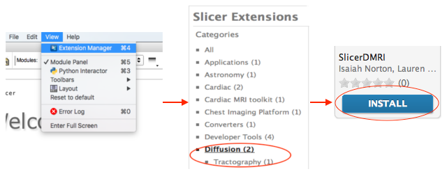 Install process: click "View" menu, open the "Extension Manager". Then select the "Diffusion" category and click "Install" for the SlicerDMRI entry